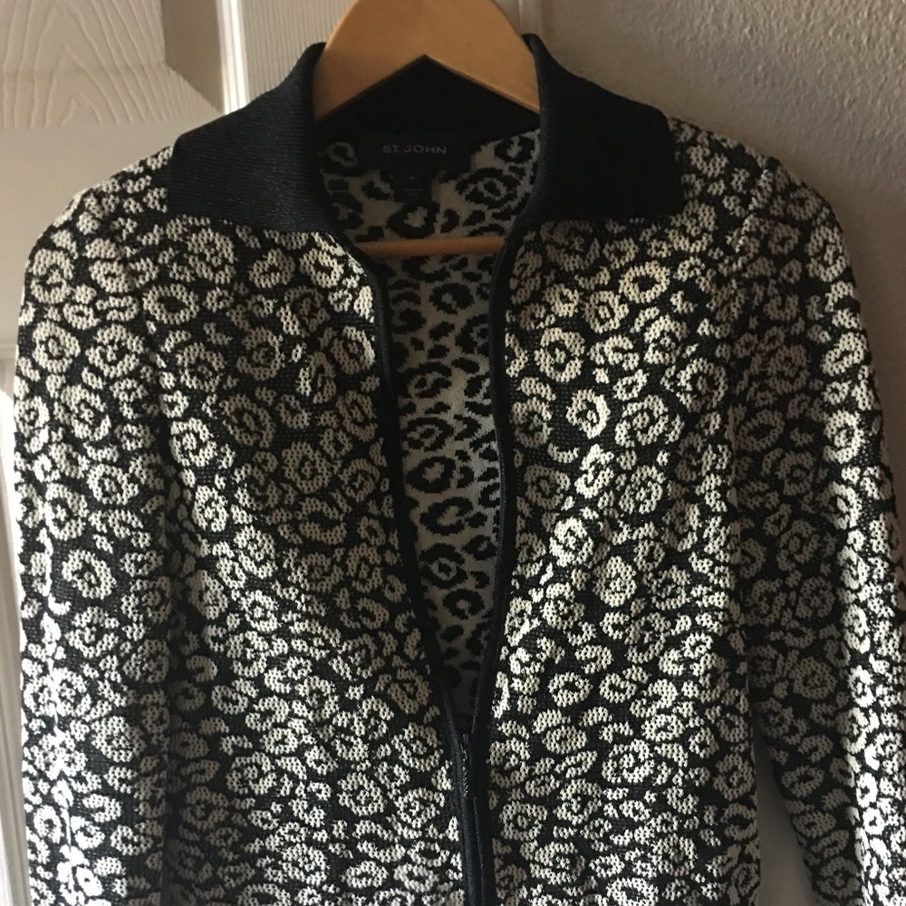 St. John Black-White Leopard Print Sweater Jacket